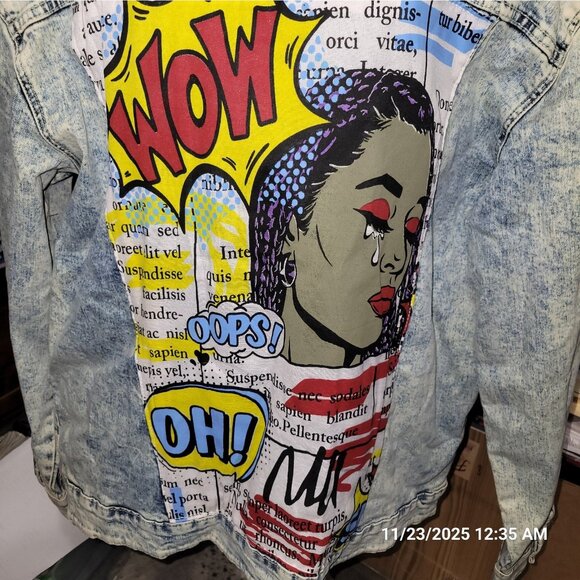 Denim Jacket Encrypted comic book pop art distressed acid wash Street Grunge NWT - Picture 5 of 8